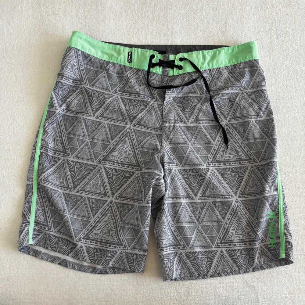 Hurley Phantom Board Shorts Mens 34 Grey Green Geometric Triangle‎ Swim Trunks